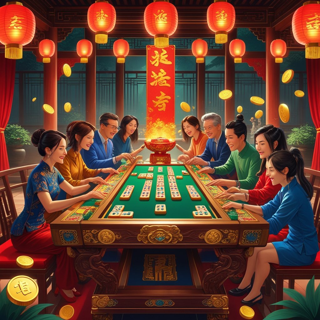 Meja Mahjong mewah dengan beberapa pemain yang sedang bermain dengan serius dalam suasana yang hangat dan meriah.