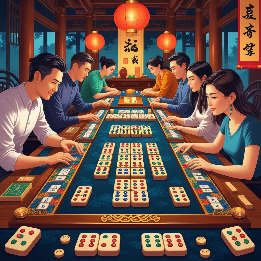 Suasana permainan Mahjong dengan meja penuh ubin Mahjong dan beberapa pemain yang fokus bermain di sebuah ruangan yang nyaman.
